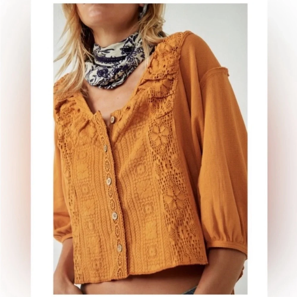 Free People Mae Top Relaxed Crochet Russet Orange Size Small NWT